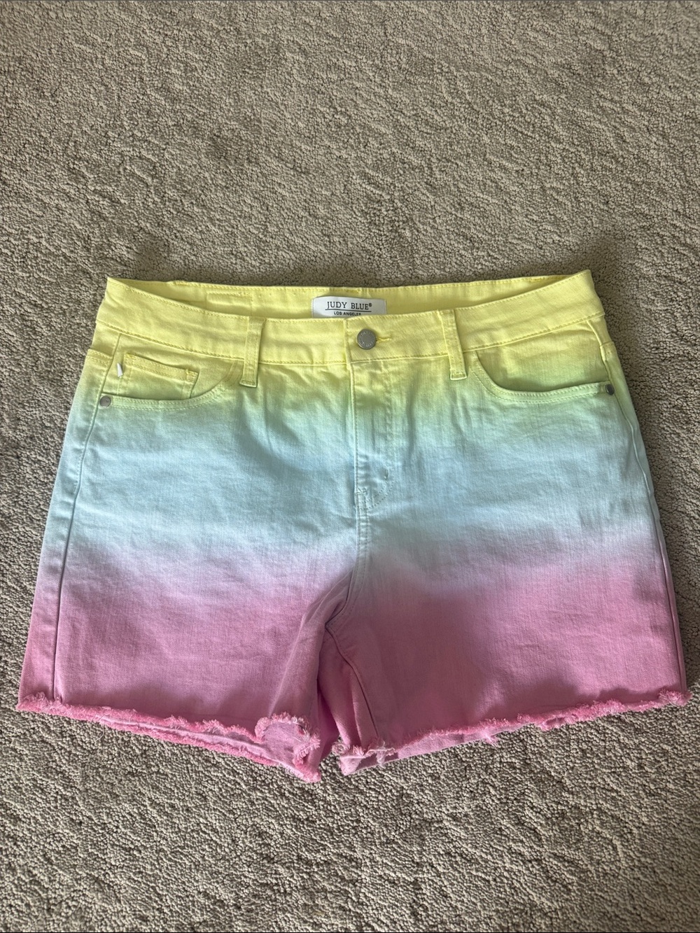 Judy Blue Ombre Yellow Blue Pink Denim Cutoff Shorts